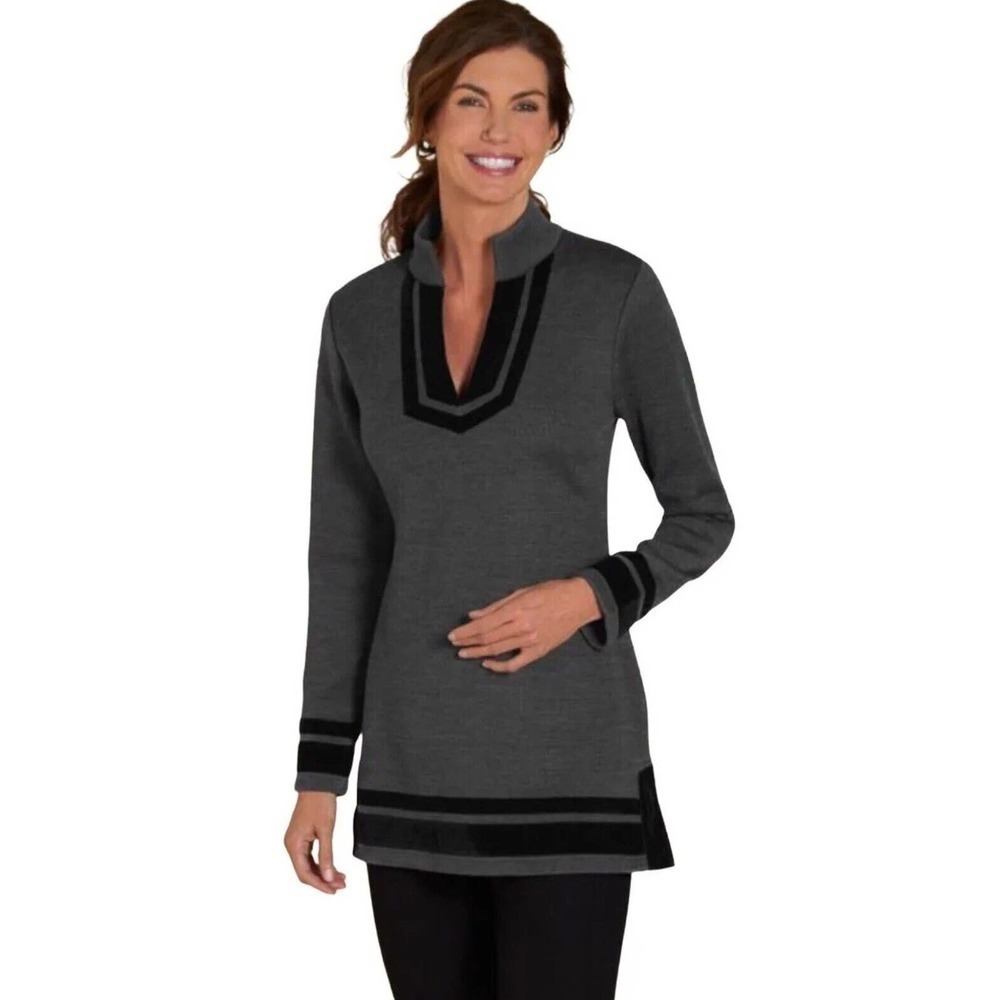 Soft Surroundings Runway Wool Blend Knit Tunic Sweater Velvet Trim Gray Size XS